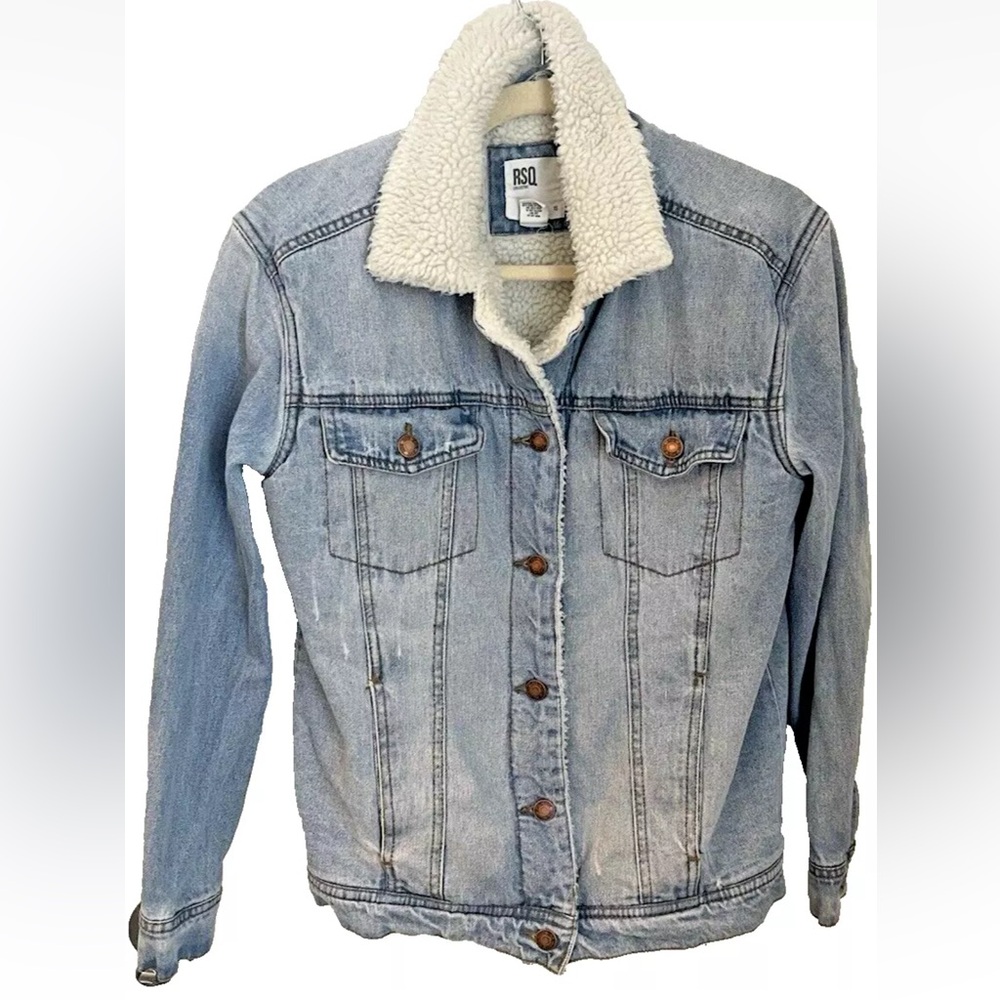 Vintage RSQ Denim Jacket With Sherpa Collar And Lining Fall Layering Blue, XS - Picture 13 of 16